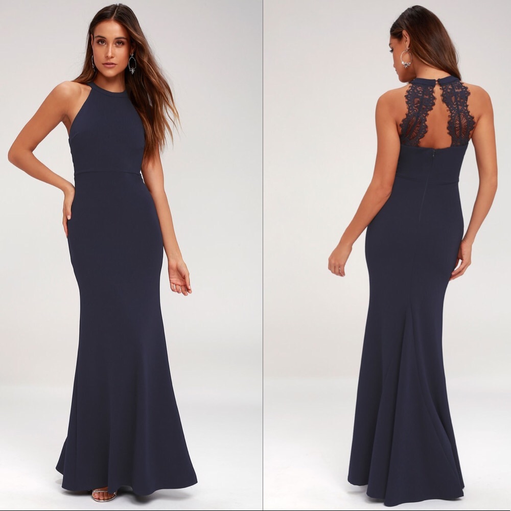 Lulus Joella Navy Blue Lace Halter Maxi Dress